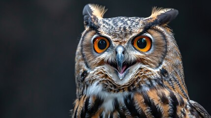 European eagle owl gazes at the camera with partially open beak