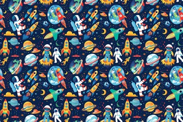 Naklejka premium A whimsical child's imagination of space with astronauts, aliens, and colorful spaceships