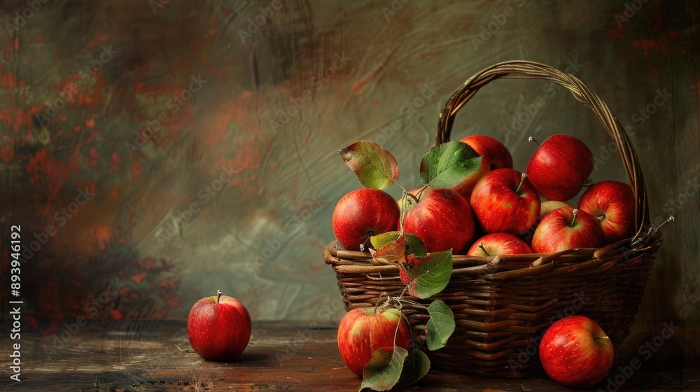 Poster Red organic apples in a basket on the aged table