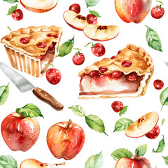 WATERCOLOR clipart seamless, Apple Turnovers, pies and pastries, fruits, the style of pastel colour , birthday event, desserts party.