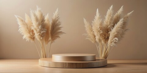 Naklejka premium Empty wooden podium with pampas grass on beige background for eco product presentation, wooden, podium, pampas grass