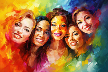 Obraz premium Happy Smiling Multinational Women Group Acrylic Painting. Canvas Texture, Brush Strokes.