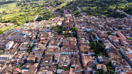 Fototapeta premium Jerico, Antioquia - Colombia - July 21, 2024. Panoramic shot with drone of the municipality with 12,103 inhabitants.