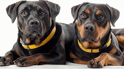 Obraz premium A charming image of two black and brown dogs with yellow collars, posed together facing the camera. Their expressive eyes and matching collars convey a sense of companionship and harmony.