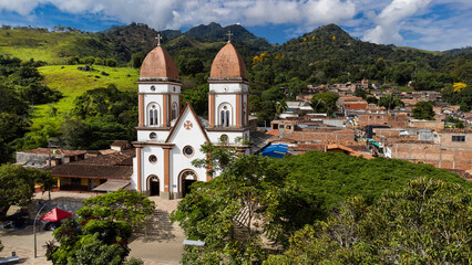 Tarso, Antioquia - Colombia - July 21, 2024. Aerial photograph with drone of the municipality, 94.3...