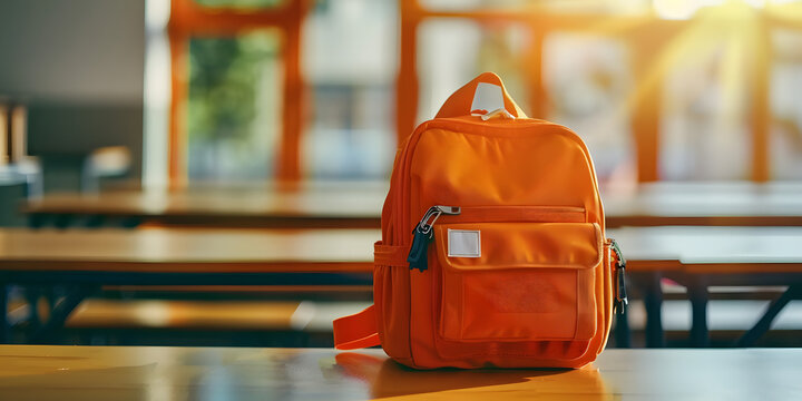 Bright orange backpack on classroom table in morning sunlight backt.&nbsp;