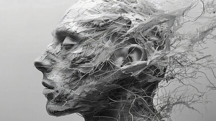 An abstract sculpture featuring a human head with intricate textures and flowing designs, symbolizing the complex layers and dynamic nature of human thoughts and emotions.