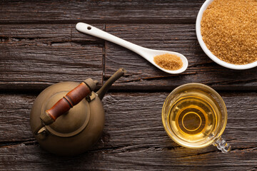 Typical Colombian drink aguapanela - Sugarcane panela drink