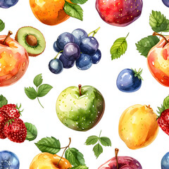 fruits seamless pattern pattern is colorful and attractive, in the style of watercolor painting, detailed background elements. white background