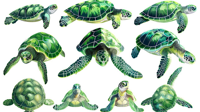 colorful sea turtles swim peacefully on a white background