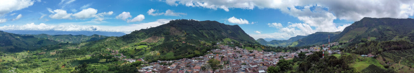 Fototapeta premium Pueblorrico, Antioquia - Colombia - July 21, 2024. Image with drone, It was founded on October 3, 1866 and erected as a municipality on March 16, 1911.