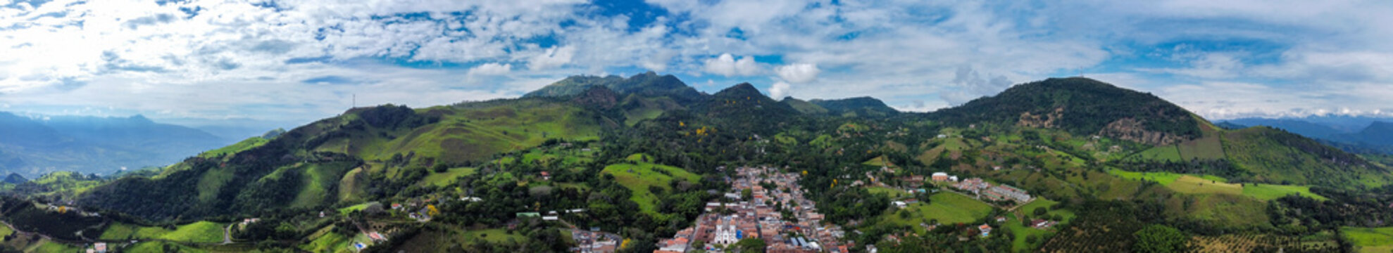 Tarso, Antioquia - Colombia - July 21, 2024. Aerial photograph with drone of the municipality, 94.3 km from the city of Medellin.