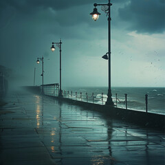 British seaside heavy rain. Stormy sky.