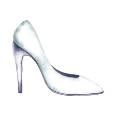 White fashionable women's high-heeled shoe. An element of the bride's outfit. The lady logo. A separate watercolor illustration made by hand. For the design of postcards, banners, flyer and invitation