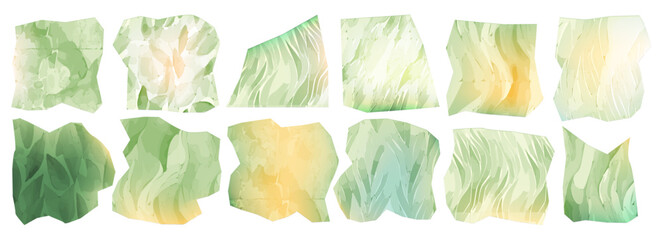 Green background with watercolor texture and abstract pattern. Farm field, nature landscape in pastel color. Torn paper collage. Vintage rectangle frame, eco design, ripped aquarelle square cover