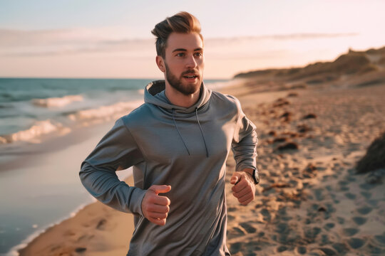 A close-up of a young attractive man jogging on the beach at sunset