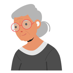 Elderly Woman Wearing A Hearing Aid And Red Glasses. Character Has Gray Hair Tied Back In A Ponytail