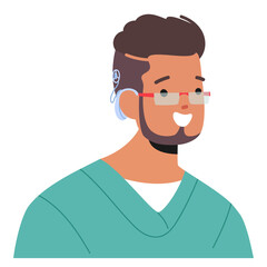 Smiling Cartoon Man With A Hearing Aid, Wearing Red-rimmed Glasses And A Green Shirt. Vector Image Represents Positivity