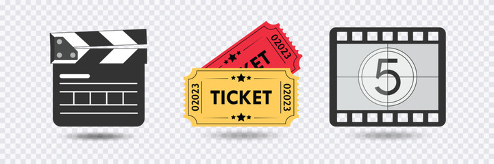 Cinema icon set, Clapper board icon, Ticket icon, Video countdown icon in transparent background