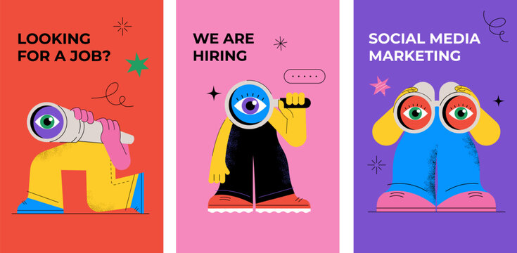 Funny characters holding binoculars, magnifying glass and spyglass telescope. Seo, searching, looking for, finding, hiring concept. Isolated design elements. Vector illustration