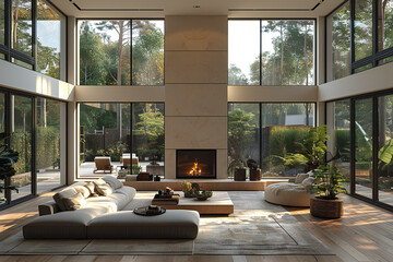 Fototapeta premium Luxury Living Room Interior with Fireplace