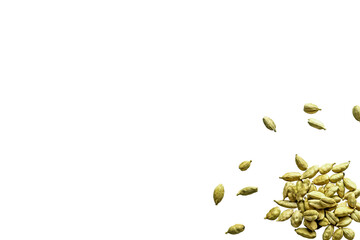 close-up of a pile of organic dry cardamom seeds isolated on a transparent background without...
