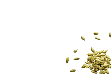 close-up of a pile of organic dry cardamom seeds isolated on a transparent background without shadows from above, top view, png