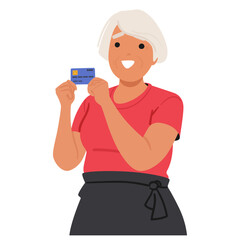 Cartoon Cheerful Senior Woman Holding Credit Card. Image Depicts A Sense Of Financial Independence And Security