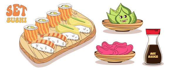 A set of sushi items, rolls in vintage style. Wasabi, soy sauce, pink ginger groovy style.