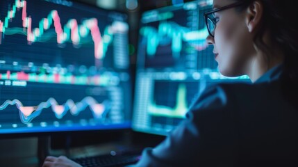 Fototapeta premium A female stock trader analyzing financial data on multiple computer screens.