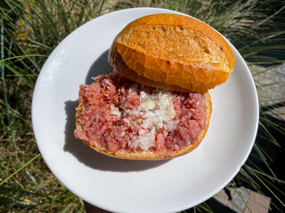 Traditional german snack Mett wheat bun with raw minced pork with onion, salt and spices on a plate directly above view