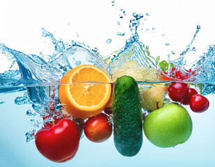 fresh multi fruits and vegetables splashing into blue clear water splash healthy food diet...