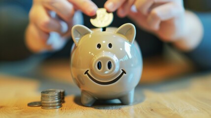A hand putting a coin into a piggy bank. The concept of saving money.