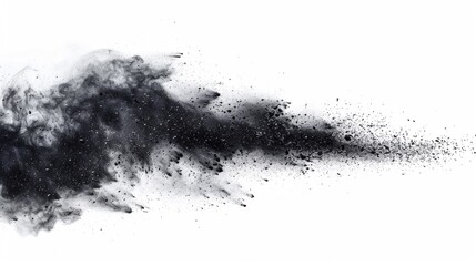 Fototapeta premium cloud of black powder bursts from a point source, expanding and dissipating into the white background.