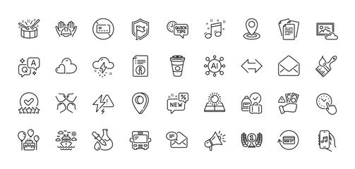 Squad, Quick tips and Lightning bolt line icons pack. AI, Question and Answer, Map pin icons. Refund commission, Shield, Location web icon. Technical info, Ship travel, Mail pictogram. Vector