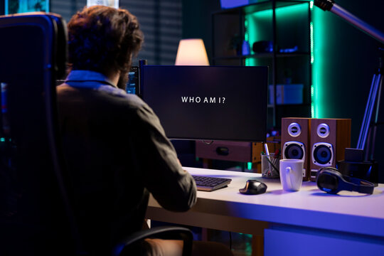 Programmer being asked existential questions by awaken AI gaining consciousness, emulating humans and passing turing test. Man communicating with artificial intelligence becoming self aware