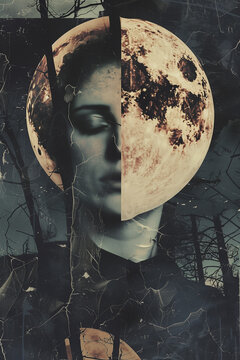 Mysterious Halloween collage with moon and face. Generative AI image