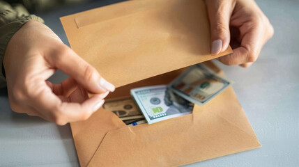 A woman opens an envelope full of money.