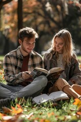 Fototapeta premium Two friends sharing a moment of togetherness while studying together in an autumn park.