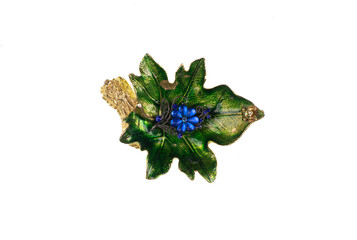 jewelry brooch green leaf isolated on white background