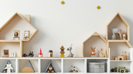 Obraz premium Various house-shaped shelves with toys arranged on a white wall. This interior design features playful and functional storage solutions, adding a whimsical touch to the room.
