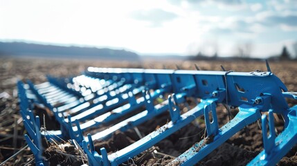 Blue multi row toothed metal harrow for tractor attachment in field work