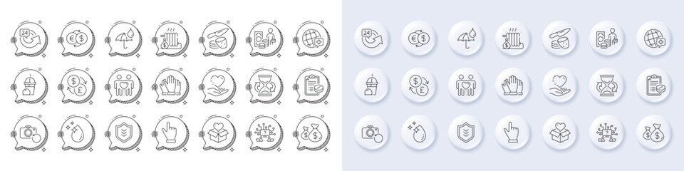 Radiator, World medicine and Donation line icons. White pin 3d buttons, chat bubbles icons. Pack of 24 hours, Ice cream milkshake, Money exchange icon. Vector