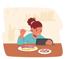 Child Engrossed In Gadget While Eating At The Dining Table. Image Showcases Modern Challenge Of Balancing Screen Time