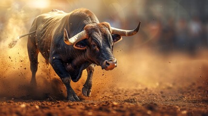 powerful bull charges through the arena, kicking up dust as it runs towards the unknown.