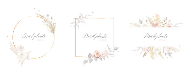 Modern beige and blush trendy vector design frames. Pastel pampas grass, fern, dusty pink and white rose, dried plants, palm leaves. Wedding floral boho cards. All elements are isolated and editable