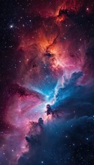 Obraz premium A breathtaking image of a vibrant nebula, showcasing a mix of bright pink, blue, and orange colors, with stars scattered across the cosmic landscape