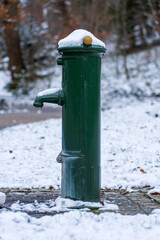 Classic green French standpipe covered in snow