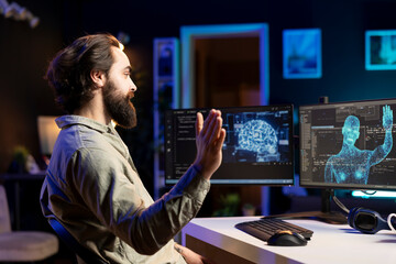 Self aware AI gaining humanoid form inside cyberspace, waving hand, saluting smiling developer....