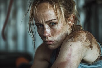 close-up portrait of a young female boxer, her face covered in dirt and sweat, looking intensely at the camera.
